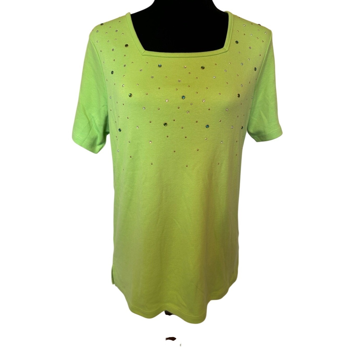 Nwot Quacker Factory Lime Green Short Sleeve Top With Rhinestones Size Small